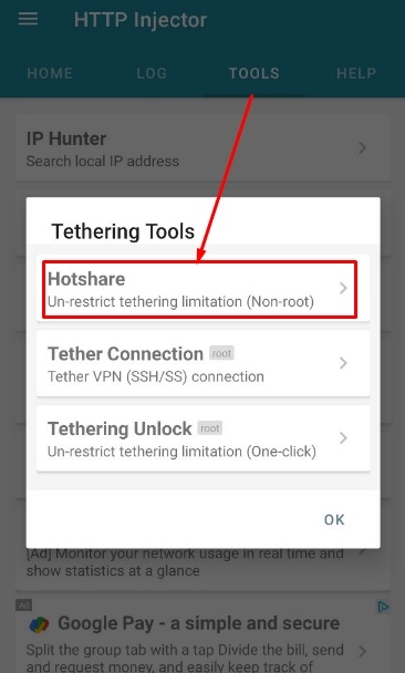 Setting HTTP Injector for Share Hotspot